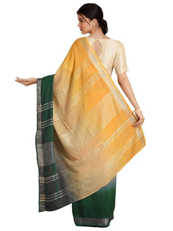Sunglow Yellow & Dark Spring Green women's Bhagalpuri Handloom Linen Slub Blend Two Dye Saree With Running Unstitched Blouse Piece - View 2