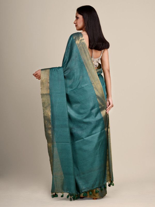 Munga Silk Tussar Blend Bhagalpuri Handloom Moonstone Cyan Saree - View 4