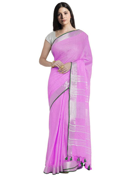 Orchid Magenta women's Bhagalpuri Handloom Cotton Linen Blend Saree With Contrast Unstiched Blouse Piece