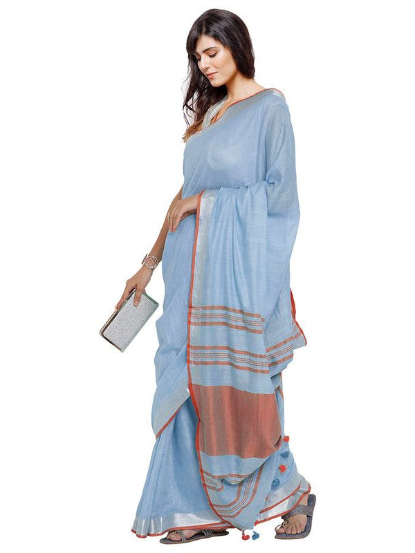 Powder Blue-Orange women's Bhagalpuri Handloom Cotton Linen Blend Contrast Pallu Saree And Unstitched Contrast Blouse Piece - View 3