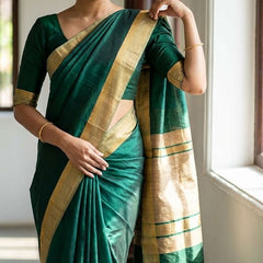 Bhagalpuri Cotton Tussar Silk Saree with Designed Border (Midnight Green) - View 5