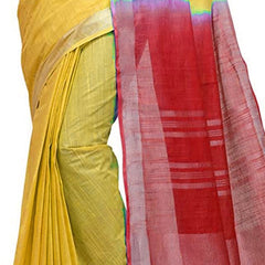 Yellow & Red women's Handloom Bhagalpuri Linen Cotton Slub Blend Two Dye Saree With Running Unstitched Blouse Piece - View 3
