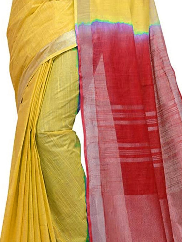 Yellow & Red women's Handloom Bhagalpuri Linen Cotton Slub Blend Two Dye Saree With Running Unstitched Blouse Piece - View 3