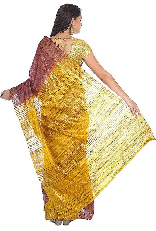 Handloom Tussar Ghicha Silk Bhagalpuri Two Dye Saree (Chico_Brown & Yellow) - View 3