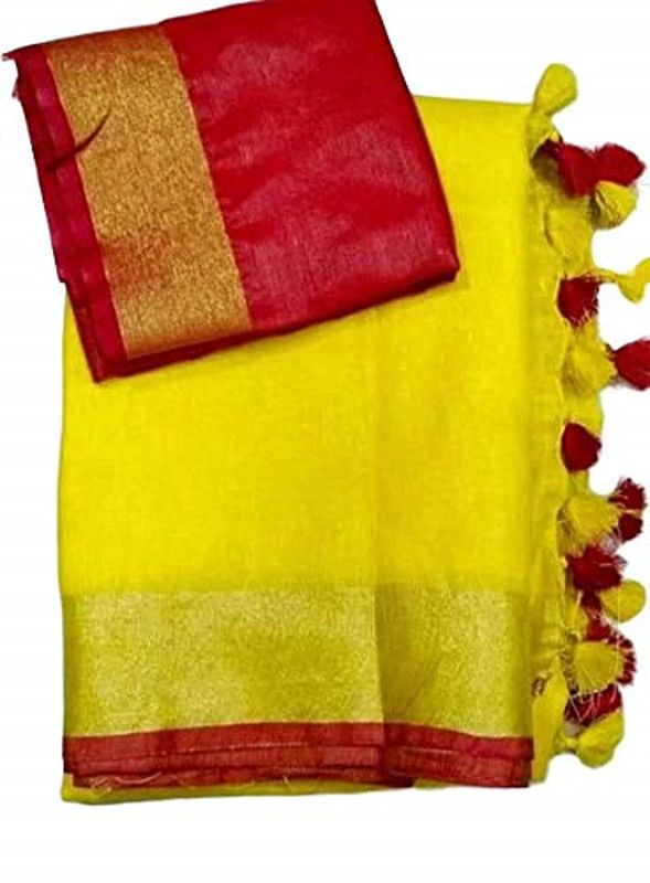 Yelllow-Red women's Handloom Bhagalpuri Cotton Linen Blend Saree Ethnic Wear With Contrast Unstitched Blouse Piece - View 6