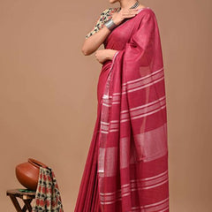 Linen Cotton Blend Handloom Bhagalpuri Saree with Zari Border (12783 Cerise_Pink) - View 2