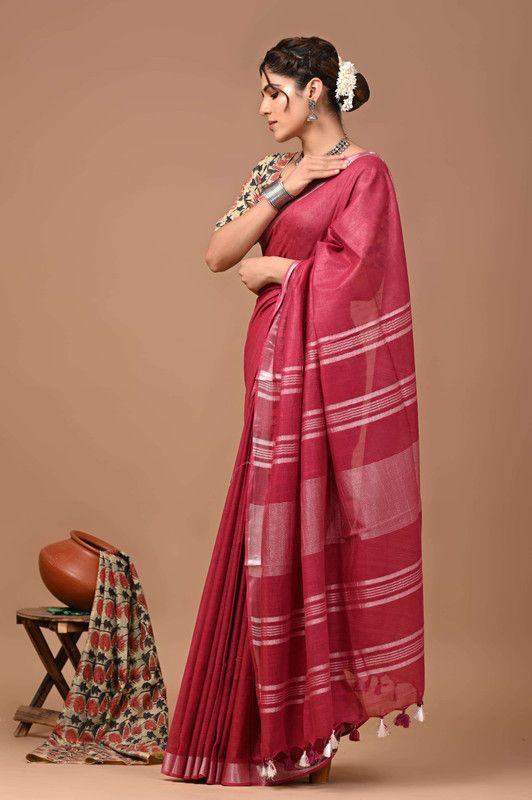 Linen Cotton Blend Handloom Bhagalpuri Saree with Zari Border (12783 Cerise_Pink) - View 2