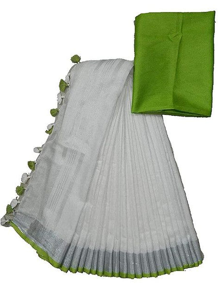 Handloom Bhagalpuri Cotton Linen Blend Saree Ethnic Wear With Contrast Unstitched Blouse Piece - View 4