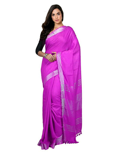 Magenta Bhagalpuri women's Handloom Linen Cotton Ethnic Wear Saree With Running Unstitched Blouse Piece