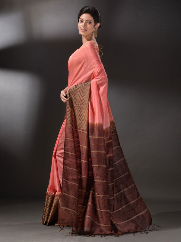 Semi Tussar Silk Two Dye Saree with Blouse Piece (Suglu_Pink &  Eclip_Brown) - View 3