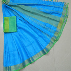 Cyan-Green women's Handloom Bhagalpuri Linen Cotton Blend Saree Ethnic Wear With Contrast Unstitched Blouse Piece - View 5