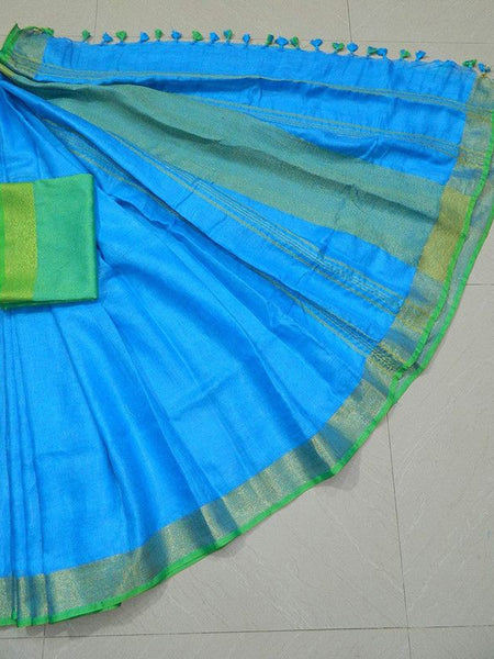 Cyan-Green women's Handloom Bhagalpuri Linen Cotton Blend Saree Ethnic Wear With Contrast Unstitched Blouse Piece - View 5
