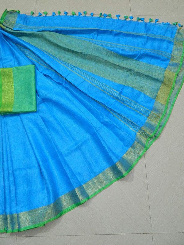 Cyan-Green women's Handloom Bhagalpuri Linen Cotton Blend Saree Ethnic Wear With Contrast Unstitched Blouse Piece - View 5