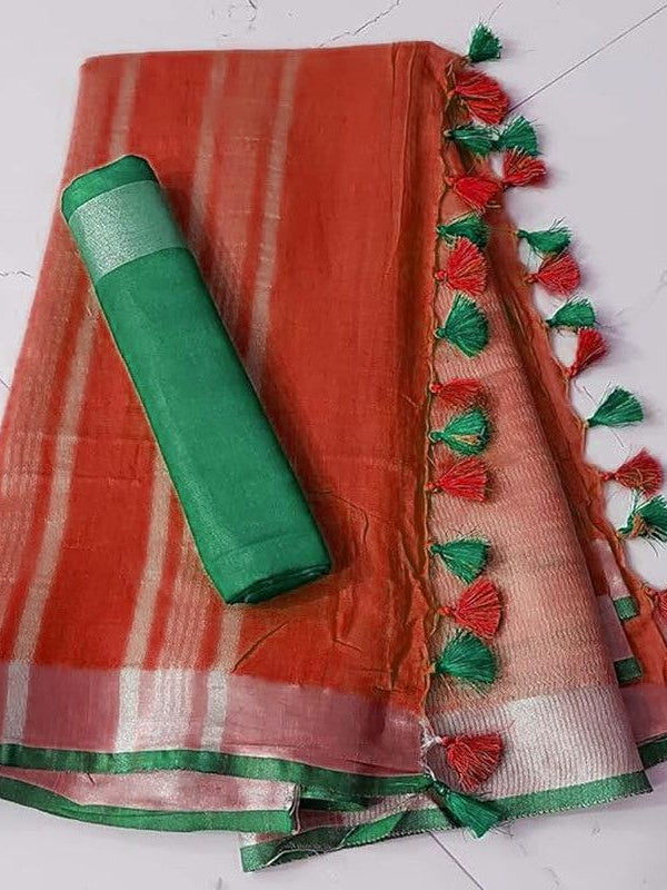 Handloom Bhagalpuri Linen Cotton Blend Contrast Border Saree for Women (12643 Red-Green)