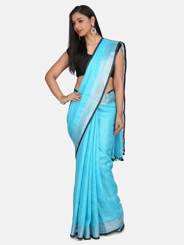 Handloom Linen Cotton Blend Contrast Bhagalpuri Saree for Women (Cyan-Black)