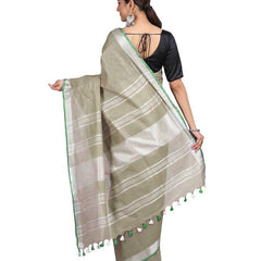 Sage Green women's Handloom Bhagalpuri Linen-Cotton Saree With Contrast Blouse Piece - View 3