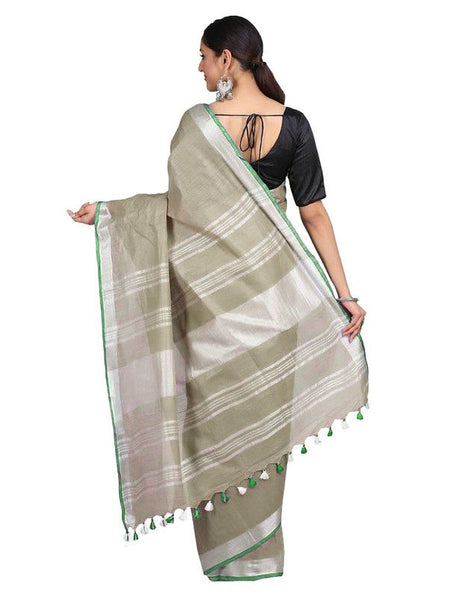 Sage Green women's Handloom Bhagalpuri Linen-Cotton Saree With Contrast Blouse Piece - View 3