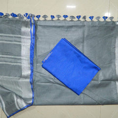 Grey-Blue women's Handloom Bhagalpuri Linen Cotton Blend Saree Ethnic Wear With Contrast Unstitched Blouse Piece - View 3
