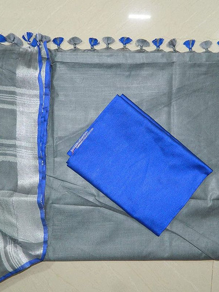 Grey-Blue women's Handloom Bhagalpuri Linen Cotton Blend Saree Ethnic Wear With Contrast Unstitched Blouse Piece - View 3