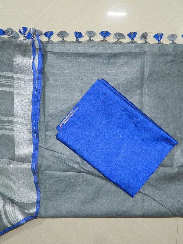 Grey-Blue women's Handloom Bhagalpuri Linen Cotton Blend Saree Ethnic Wear With Contrast Unstitched Blouse Piece - View 3