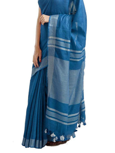 California Blue women's Bhagalpuri Handloom Blend Linen-Cotton Saree With Running Unstiched Blouse Piece_Free Size_Variation Of Colors - View 5