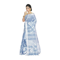 Powder Blue women's Bhagalpuri Handloom Linen Blend Tie-Dye (Sibory Dye) Saree With Running Unstiched Blouse Piece - View 3