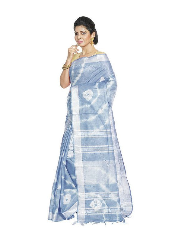 Powder Blue women's Bhagalpuri Handloom Linen Blend Tie-Dye (Sibory Dye) Saree With Running Unstiched Blouse Piece - View 3