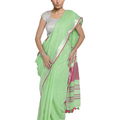 Light Green-Pink women's Bhagalpuri Handloom Cotton Linen Blend Contrast Pallu Saree And Unstitched Contrast Blouse Piece