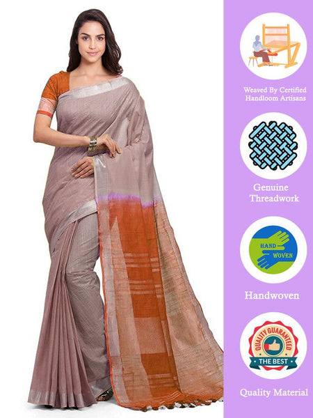 Whiskey Tan & Mohangni Orange women's Bhagalpuri Handloom Pure Cotton Two Dye Saree With Running Unstitched Blouse Piece - View 2