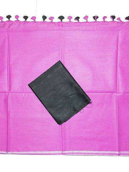 Ultra Pink women's Bhagalpuri Blend Linen Saree With Black Pipin Contrast Blouse Piece - View 3