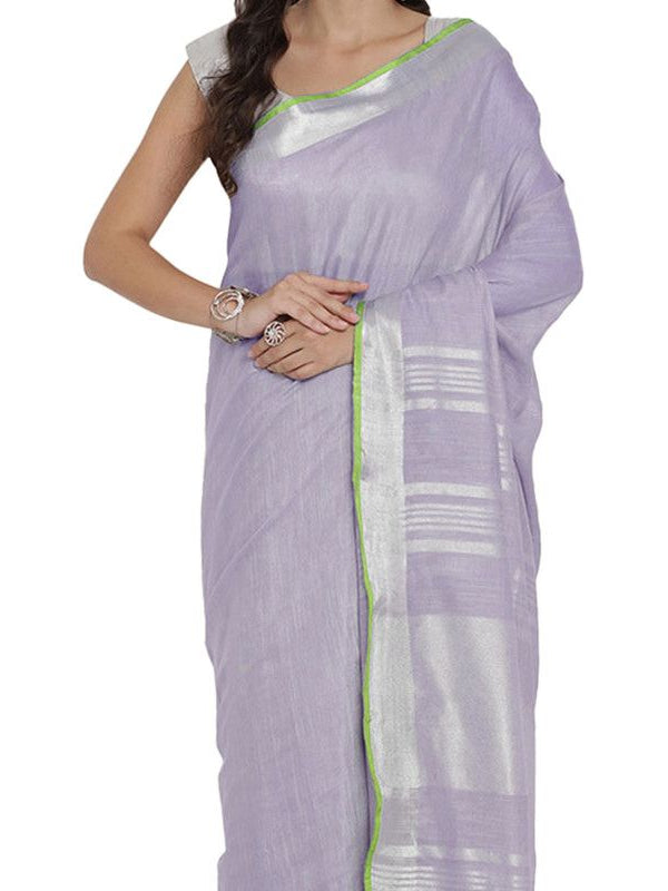 Mauve Purple women's Bhagalpuri Handloom Cotton Linen Blend Saree With Contrast Unstiched Blouse Piece - View 5
