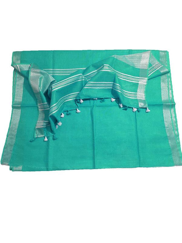 Aquamarine Turquoise women's Bhagalpuri Linen Saree With Blouse Piece