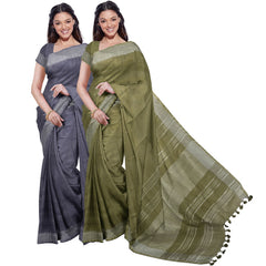Grey & Moss Green women's Bhagalpuri Handloom Cotton-Linen Blend Saree Combo (Pack Of 2) With Running Unstiched Blouse Piece