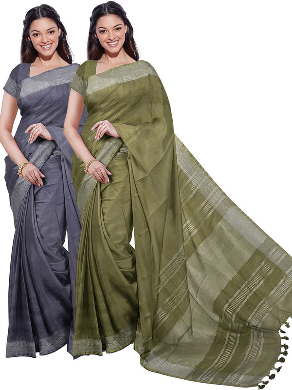 Grey & Moss Green women's Bhagalpuri Handloom Cotton-Linen Blend Saree Combo (Pack Of 2) With Running Unstiched Blouse Piece