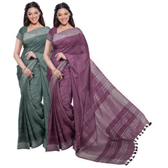 Hookers' Green & Quinacridone Magenta women's Bhagalpuri Handloom Cotton-Linen Blend Saree Combo (Pack Of 2) With Running Unstiched Blouse Piece