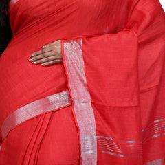 Red Bhagalpuri women's Handloom Linen Cotton Ethnic Wear Saree With Running Unstitched Blouse Piece - View 3