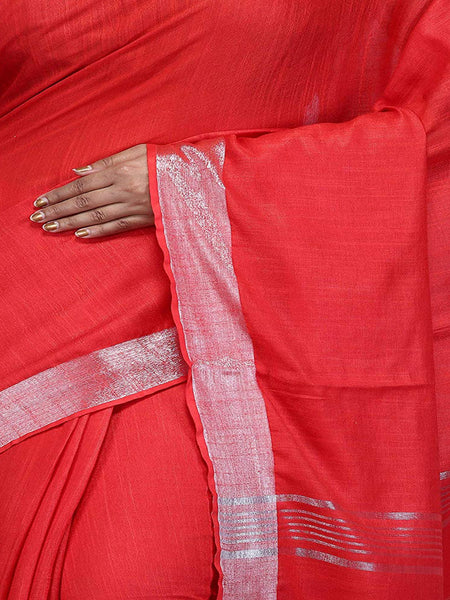 Red Bhagalpuri women's Handloom Linen Cotton Ethnic Wear Saree With Running Unstitched Blouse Piece - View 3