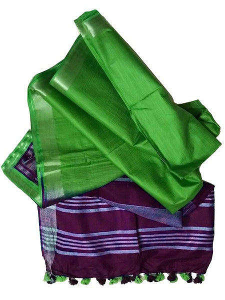 Finn Magenta & Kelly Green women's Ethnic Wear Bhagalpuri Handloom Linen Blend Two Dye Saree With Running Unstitched Blouse Piece - View 3