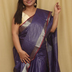 Bhagalpuri Linen Blend Check Saree with Contrast Blouse Piece - View 5