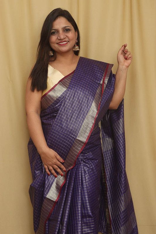 Bhagalpuri Linen Blend Check Saree with Contrast Blouse Piece - View 5