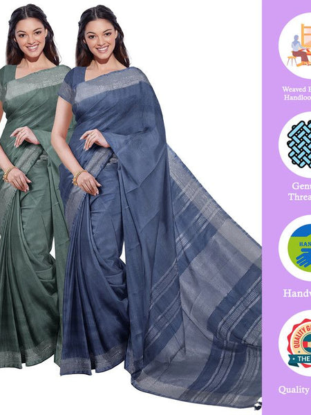 Bhagalpuri Handloom Cotton-Linen Blend Saree Combo (Pack Of 2) With Running Unstiched Blouse Piece - View 2