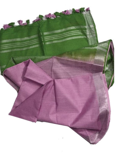 Mantis Green & Sky Magenta Bhagalpuri women's Ethnic Wear Handloom Linen Cotton Blend Zari Border Two Dye Saree With Running Unstitched Blouse Piece - View 4