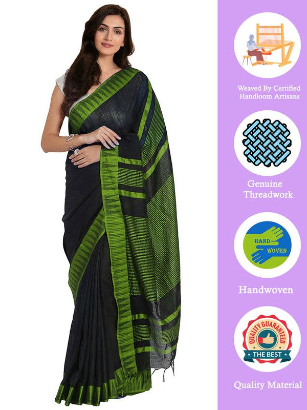 Black-Parrot Green women's Bhagalpuri Handloom Katan Viscous Silk Temple Border Saree Ethnic Wear With Running Unstitched Striped Blouse Piece - View 2