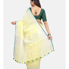 Linen Cotton Blend Contrast Handloom Bhagalpuri Saree (Lime_Yellow-Green) - View 3