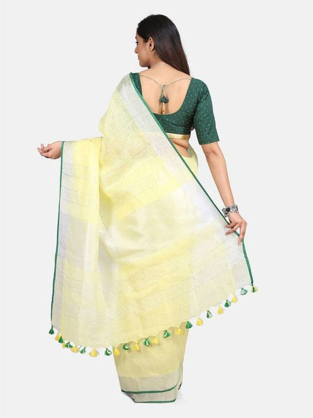 Linen Cotton Blend Contrast Handloom Bhagalpuri Saree (Lime_Yellow-Green) - View 3