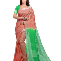 Bittersweet Orange & Honeydew Green women's Handloom Bhagalpuri Cotton Linen Blend Two Dye Saree With Running Unstitched Blouse Piece