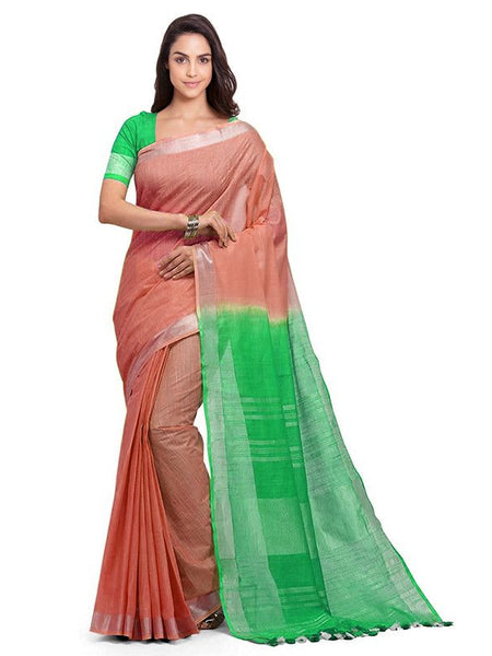 Bittersweet Orange & Honeydew Green women's Handloom Bhagalpuri Cotton Linen Blend Two Dye Saree With Running Unstitched Blouse Piece