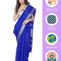 Duke Blue women's Bhagalpuri Handloom Cotton Linen Blend Saree With Contrast Unstiched Blouse Piece - View 2