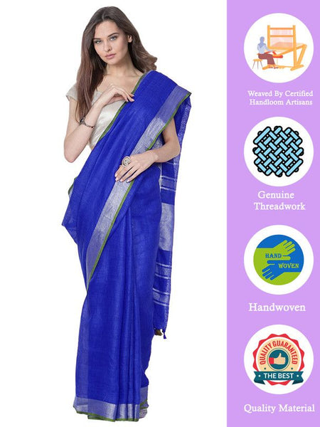 Duke Blue women's Bhagalpuri Handloom Cotton Linen Blend Saree With Contrast Unstiched Blouse Piece - View 2