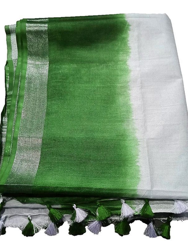 Green women's Handloom Bhagalpuri Linen Cotton Slub Blend Two Sided Two Dye Saree Running Unstitched Blouse Piece - View 6